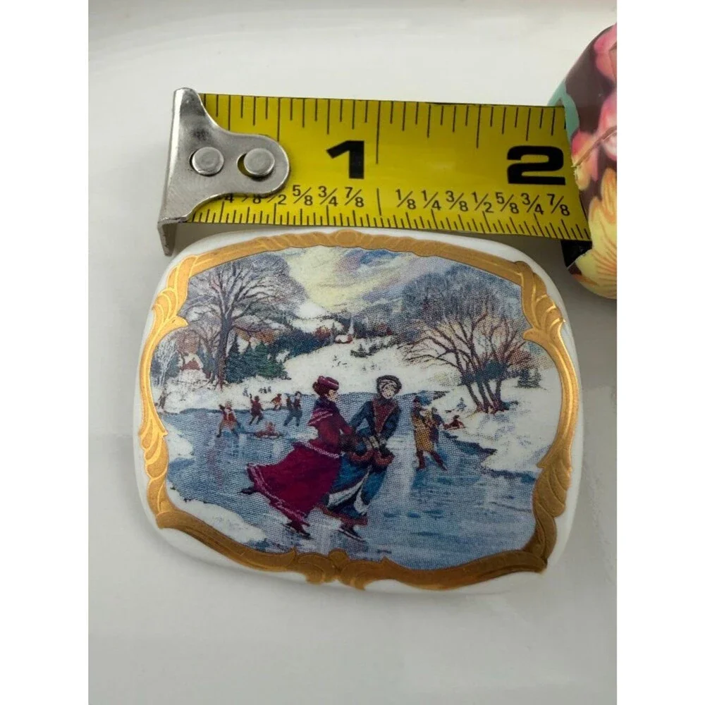 Vintage Victorian Ice Skating Porcelain Brooch Gold Tone Winter Scene
